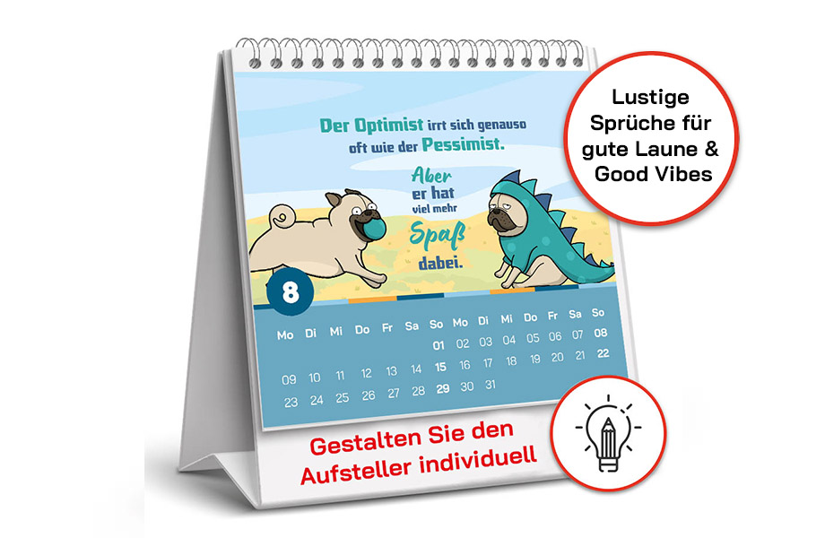 Sprüchekalender 2027 "Good Vibes" in Blau mit personalisiertem Aufsteller